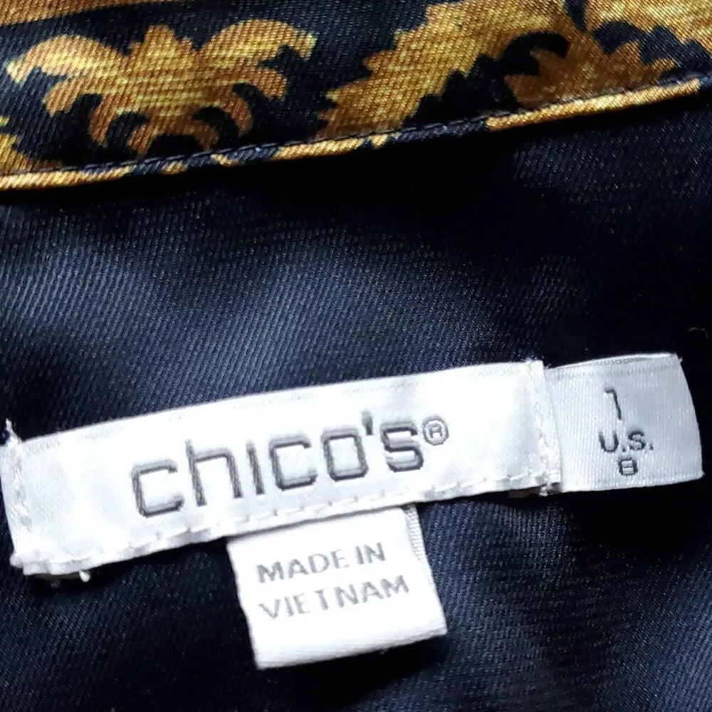 Chico’s Sz 1 Ruched Cuff Placed Print Tunic Top Button Down Chicos Sz M / 8 - Picture 15 of 16